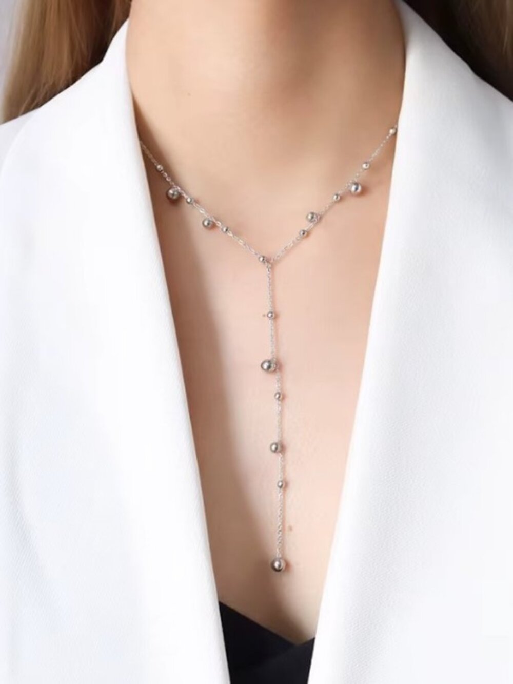 Silver Beaded Lariat Y Necklace Delicate Dainty Drop Chain Adjustable